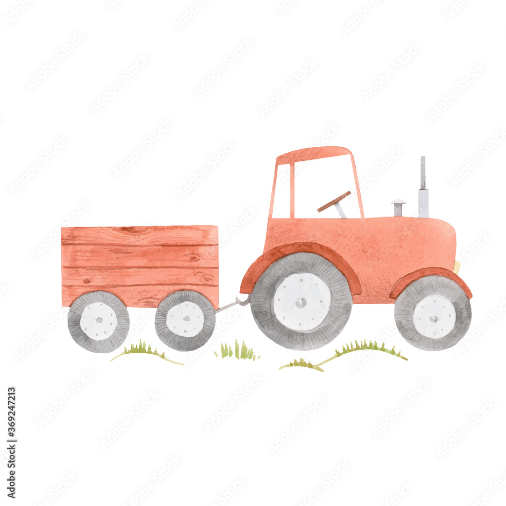Beautiful stock illustration with cute watercolor farm tractor. - obrazy, fototapety, plakaty 