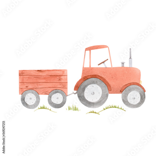 Beautiful stock illustration with cute watercolor farm tractor.