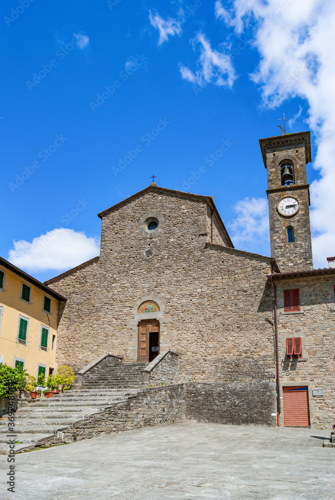 Facade of abbey of San Gaudenzio in San Godenzo. Built in the 11th century in Romanesque style, is one of the milestone of the Dante's Way (Dante's Way).