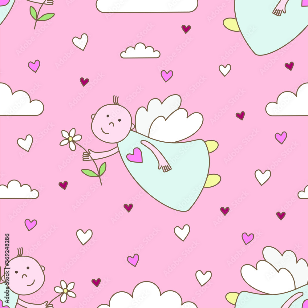 seamless background with an angel in a pink sky for your birthday and Valentine's day design