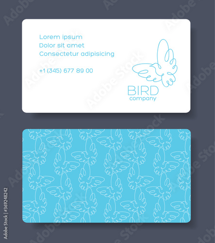Business cards design with line art dove birds on blue background. Vector illustration.
