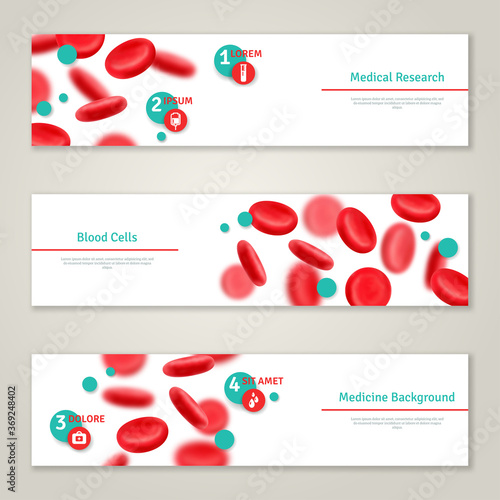 Blood cells. Medical concept banners set. Vector illustration. Glossy realistic natural red blood cells. Blood donation icons. Donor day infographics template