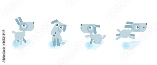 Cartoon character puppy. A set of different dog actions: a dog sits, gives a paw, runs for the ball. Vector simplified illustration in the style of icons.