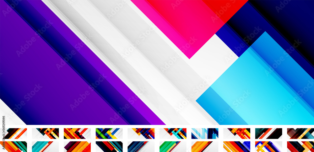 Collection of vector geometric abstract backgrounds with shadow lines, modern forms, rectangles, squares and fluid gradients. Bright colorful stripes cool backdrops bundle