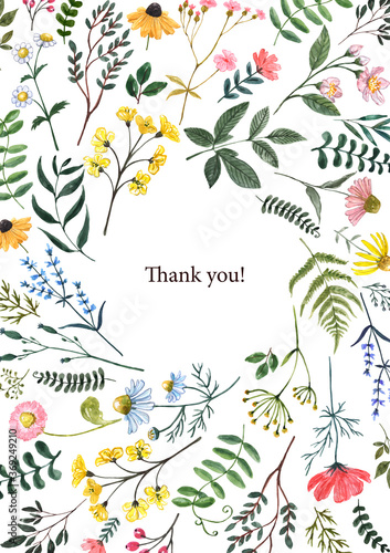 Elegant wildflower botanical frame on white background. Watercolor summer mea...