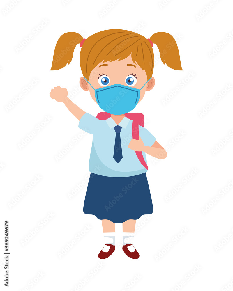 little student girl wearing medical mask character