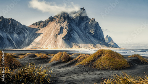 Impressive Colorful Seascape of Iceland. Best popular places near Stokksnes cape and Vestrahorn Mountain. Iceland. Iconic location for landscape photographers. Travel adventure and freedom concept. photo