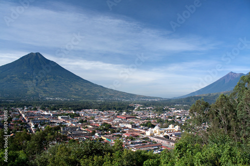 Antigua Guatemala at the valley between volcanoes Acatenango and Fuego