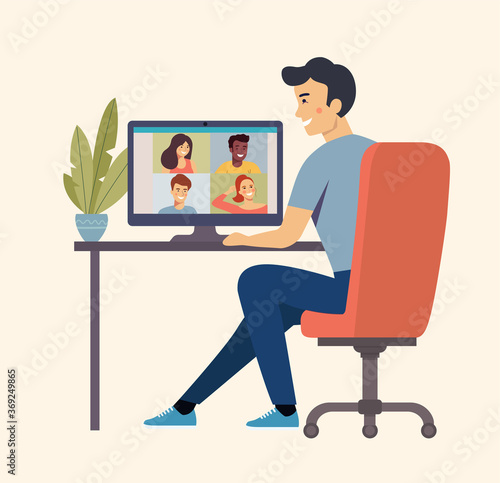 Man is talking to his friends by videochat. Vector flat style Illustration