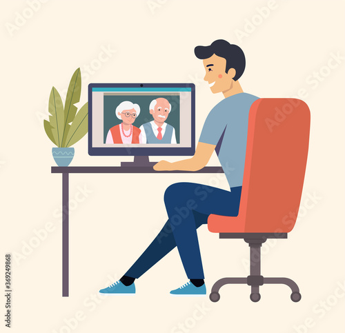 Man talks to his parents  by videochat. Vector flat style Illustration