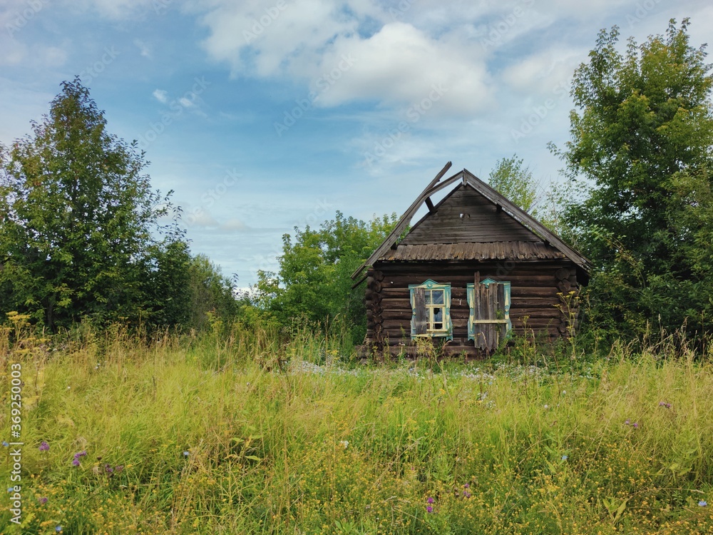 old abandoned house among the greenery of grass and trees on a sunny day against the background of a blue sky with clouds