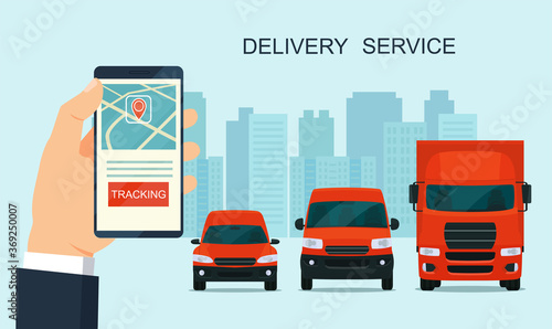 Delivery service app on smartphone. Cargo vans and truck. Tracking an order using his smartphone. Abstract cityscape in the background. Concept for logistics and technology. Vector illustration.