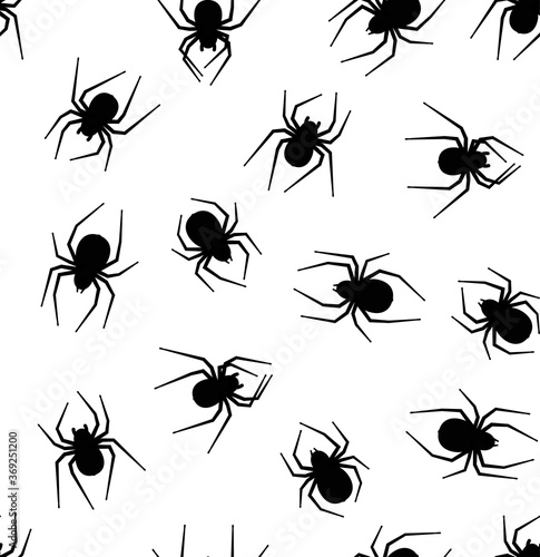 Seamless pattern with black spiders on white background.