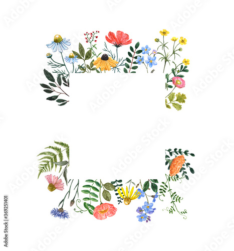 Beautiful and elegant wildflower border with hand painted summer meadow flowe...