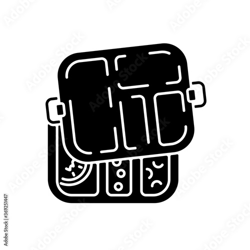 Reusable lunch box black glyph icon. Convenient food container. Zero waste, lunch break silhouette symbol on white space. School student, company worker accessory. Vector isolated illustration