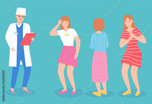 Consultation with doctor, physician or therapist with clipboard, anamnesis of patient, woman with headache, pain in heart, girl from back side, checking health in doctor, cartoon characters collection
