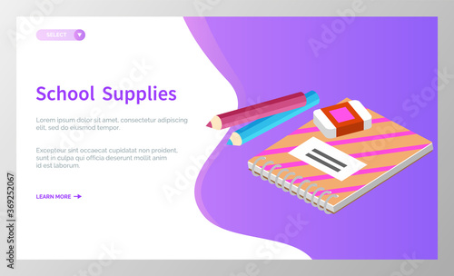 Supplies for lessons, vector illustration. Collection of school supplies or stationery. Isometric cartoon items for education of smart pupils and students. Knowledge and education. School accessories