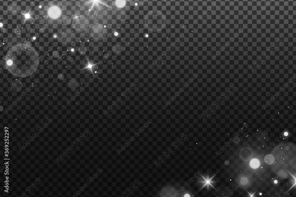 Lights bokeh isolated on a dark transparent background. Shining white stars and glare. Footage for your design. Realistic brilliant glitter. Vector illustration. Lights bokeh isolated on a dark transparent background. Shining white stars and glare. Footage for your design. Realistic brilliant glitter. Vector illustration.