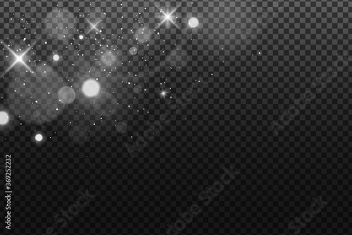 Abstract falling lights bokeh isolated on a dark transparent background. Shining white stars and glare. Footage for your design. Realistic brilliant glitter. Vector illustration.