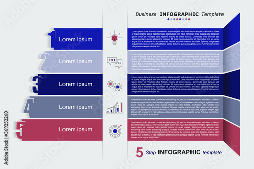 5 step infographic business template. Can be used for flow charts, presentations, web sites, banners, printed materials. Business data visualization. Strategic plan. Vector illustration.