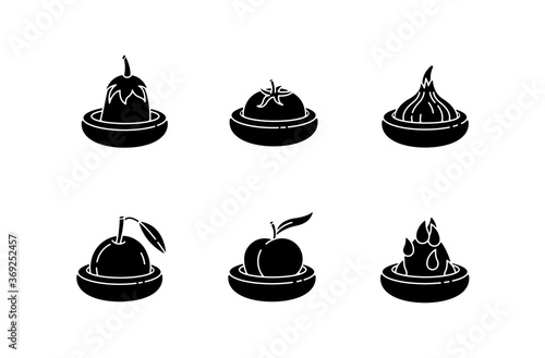 Food savers black glyph icons set on white space. Responsible consumption, zero waste lifestyle silhouette symbols. Round silicone food huggers for fruits and vegetables vector isolated illustrations