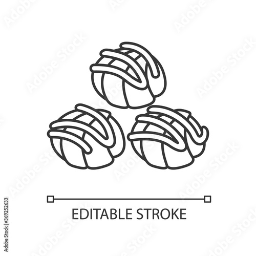 Profiteroles linear icon. Cream puffs with chocolate sauce. National French sweets and cuisine. Thin line customizable illustration. Contour symbol. Vector isolated outline drawing. Editable stroke