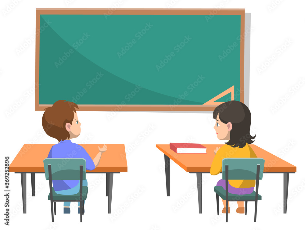 Boy and girl vector, pupils sitting by tables in classroom character. Education, students with books by desks with book and notebook, back to school concept. Flat cartoon Boy and girl vector, pupils sitting by tables in classroom character. Education, students with books by desks with book and notebook, back to school concept. Flat cartoon