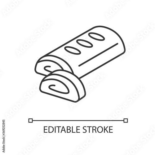 Strudel linear icon. Viennese apple strudel. Traditional Austrian pastry. European cuisine. Thin line customizable illustration. Contour symbol. Vector isolated outline drawing. Editable stroke