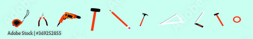 set of carpenter tools. hammer, ruler and more with various models isolated on blue