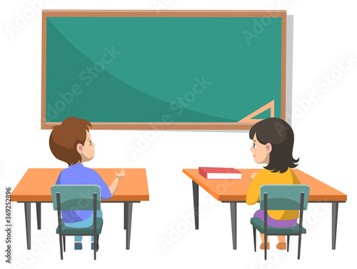Boy and girl vector, pupils sitting by tables in classroom character. Education, students with books by desks with book and notebook, back to school concept. Flat cartoon