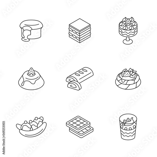 Traditional desserts linear icons set. European cuisine. Italian and French sweets. Pavlova. Liege waffles. Apple strudel. Customizable thin line contour symbols. Isolated vector outline illustrations