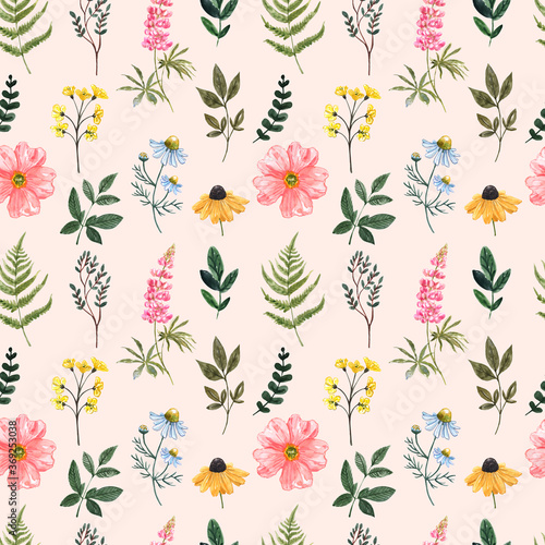 Pretty and cute floral seamless pattern with wild flowers on peach pink backg...