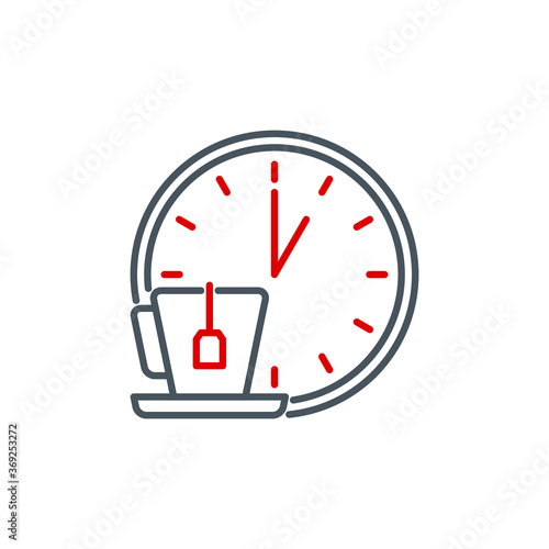 mobile app food time on the clock icon isolated on white. outline app symbol wall clock with a mug and a label tea bags. Quality element lunch break time with editable Stroke. noon on the watch banner