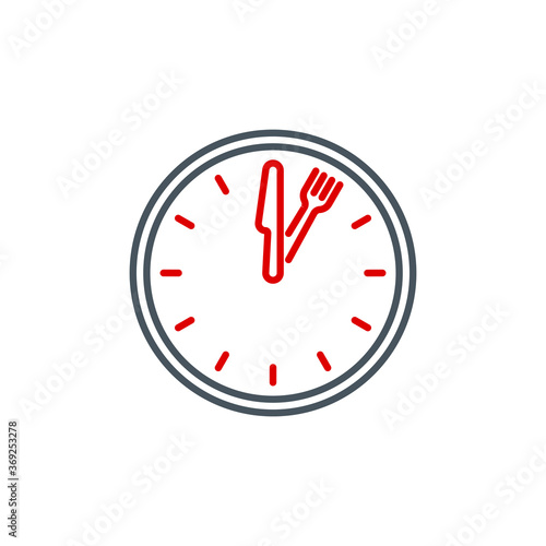 mobile app food time on the clock icon isolated on white. outline app symbol wall clock with cutlery: knife and fork. Quality element lunch break time with editable Stroke. midday on the watch banner