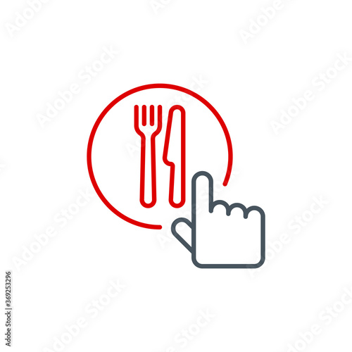 mobile app icon online order and food delivery banner isolated on white background. outline app symbol food order cursor hand with knife and fork. Quality element select nutrition with editable Stroke