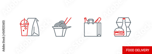 mobile app icons set online order and food delivery banner isolated on white. outline app symbols fast food, wok noodles, hamburger, drink, food in paper bag. Quality elements with editable Stroke