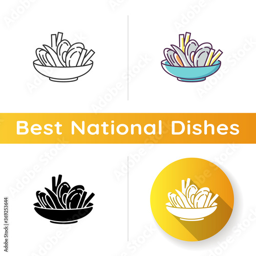 Moules frites icon. Traditional mussels and chips. French national meal. Brussel culinary. Ingredient for cookery. French fries. Linear black and RGB color styles. Isolated vector illustrations