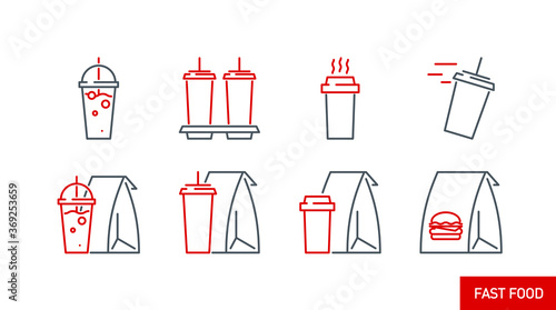 mobile app icon set online order and food delivery banner isolated on white. outline app symbols fast food: paper bag cup with coffee, cup with soda and cocktail. Quality elements with editable Stroke