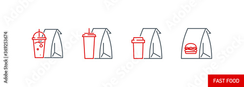 mobile app icon set online order and food delivery banner isolated on white. outline app symbols fast food: paper bag cup with coffee, cup with soda and cocktail. Quality elements with editable Stroke