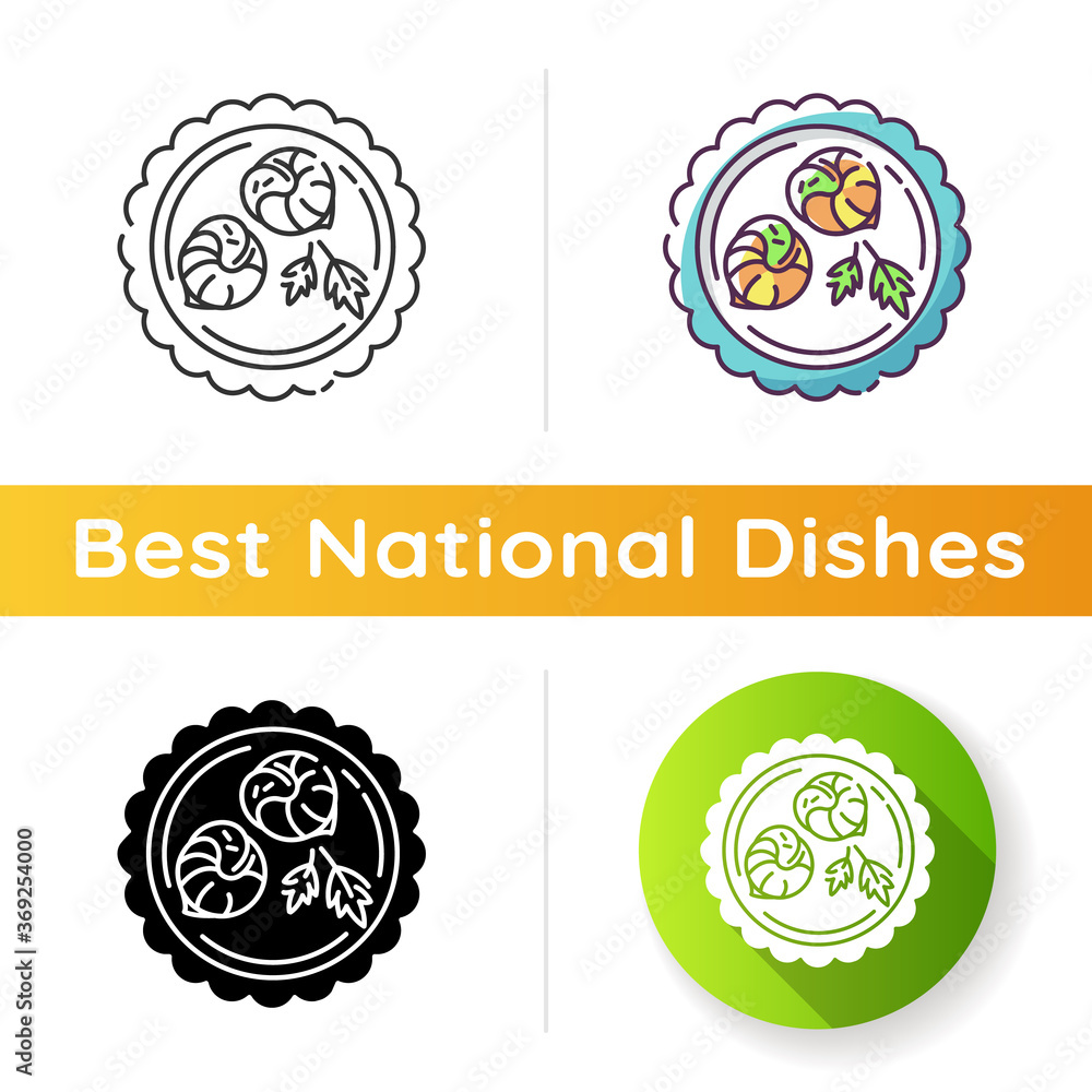 Obraz premium Escargot de bourgogne icon. French shellfish dish. Traditional european cuisine. Luxury lunch in restaurant. Meal from menu. Linear black and RGB color styles. Isolated vector illustrations