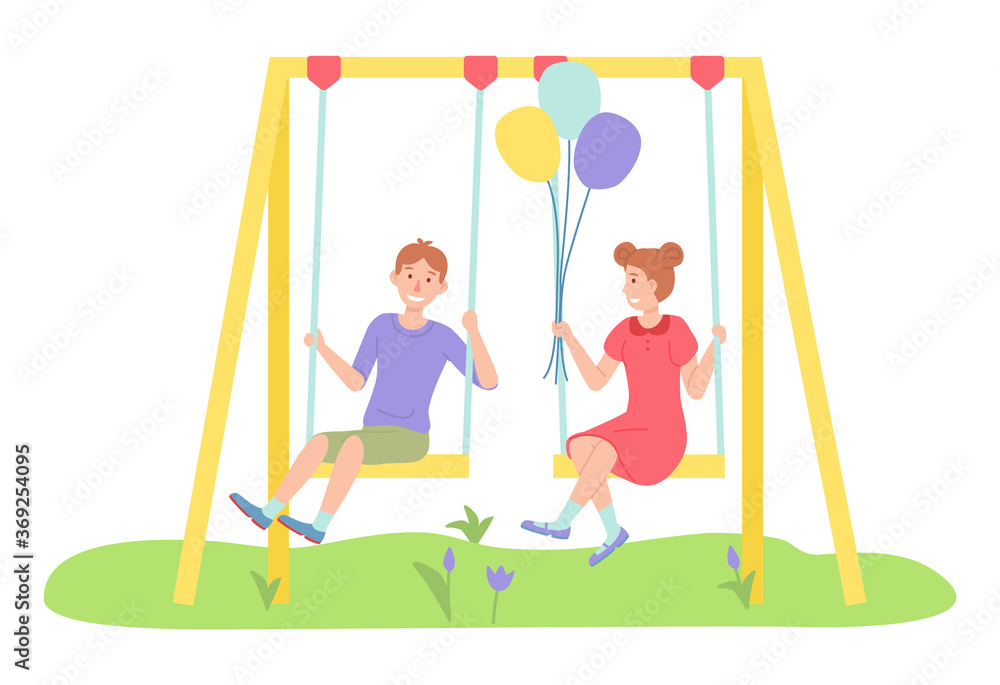 Children spending time at playground, kindergarten, kids have fun, recreation, girl with air balloons and boy rest relax on swing, little children, friends, playtime, isolated chartoon characters Children spending time at playground, kindergarten, kids have fun, recreation, girl with air balloons and boy rest relax on swing, little children, friends, playtime, isolated chartoon characters