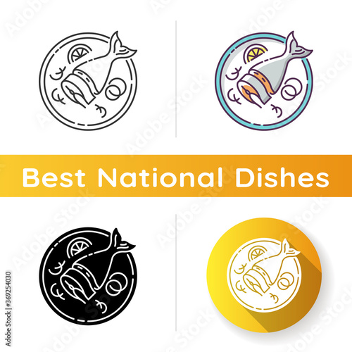 Soused herring icon. Sliced raw fish. Japanese dish. Salmon piece on crockery. Asian fresh meal for nutrition. Cook lunch. Linear black and RGB color styles. Isolated vector illustrations