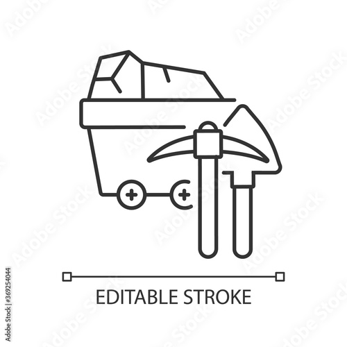 Coal industry linear icon. Natural resources exploitation, fossil fuel mining thin line customizable illustration. Contour symbol. Colliery equipment. Vector isolated outline drawing. Editable stroke