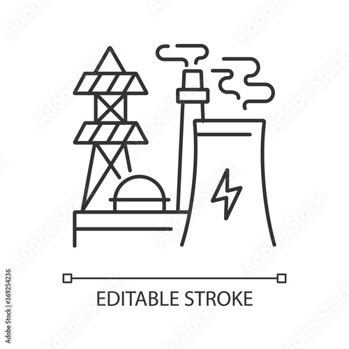 Energy industry linear icon. Electricity manufacturing thin line customizable illustration. Contour symbol. Modern power plant, electric station vector isolated outline drawing. Editable stroke