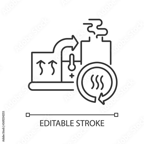 Heat recovery system linear icon. Sustainable energy industry, cogeneration thin line customizable illustration. Contour symbol. Industrial equipment. Vector isolated outline drawing. Editable stroke photo