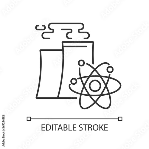 Nuclear industry linear icon. Atomic energy manufacturing technology thin line customizable illustration. Contour symbol. Modern power plant vector isolated outline drawing. Editable stroke