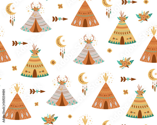Kids teepee pattern. Adventure baby wigwam pattern. Cute boho background with tent, arrows, teepee wig wam, moon.