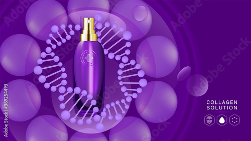 Beauty product ad design, purple cosmetic container with collagen solution advertising background ready to use, luxury skin care banner, illustration vector.	
