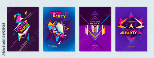 Set of Techno music party posters designs in abstract style. Vector illustration.