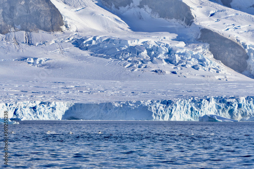Penguins swimming and jumping in water before glacier, Antarctica 